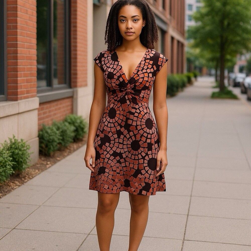 Lady Hathaway Dress Women Size 4 Pink Brown Twist Front Geometric Print Stretch